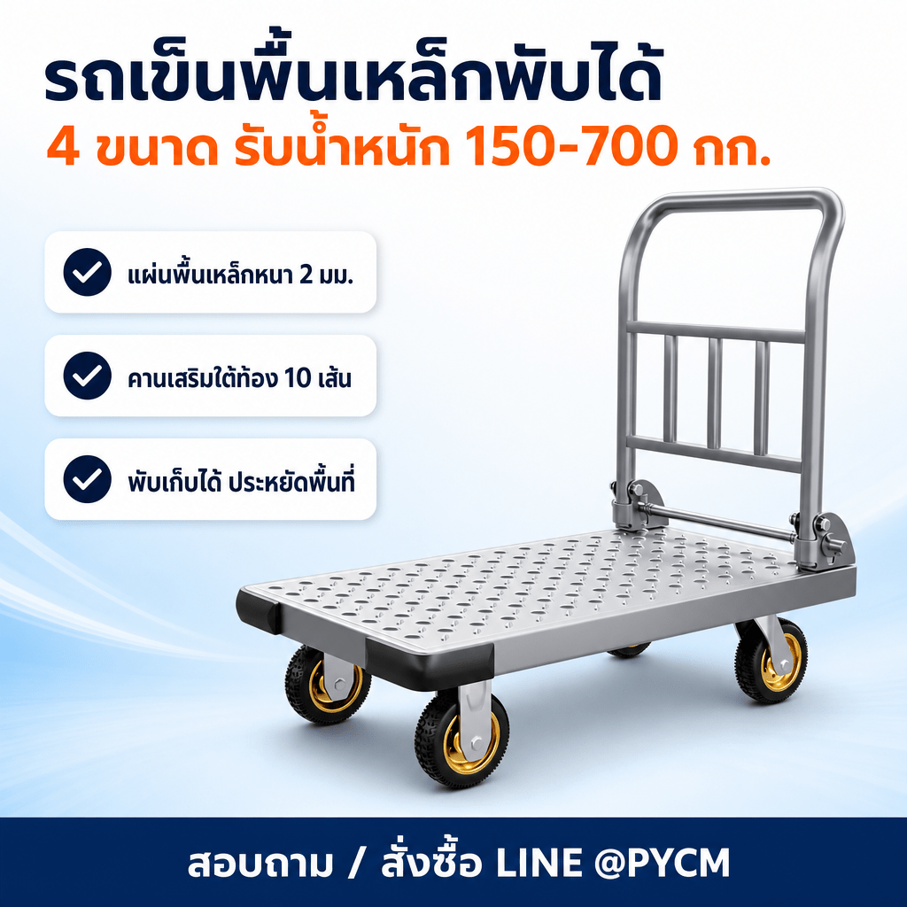 รถเข็นพื้นเหล็กพับได้ แผ่นเหล็กหนา 2 มม. คานเสริม 10 เส้น 4 ขนาด 16 ตัวเลือก