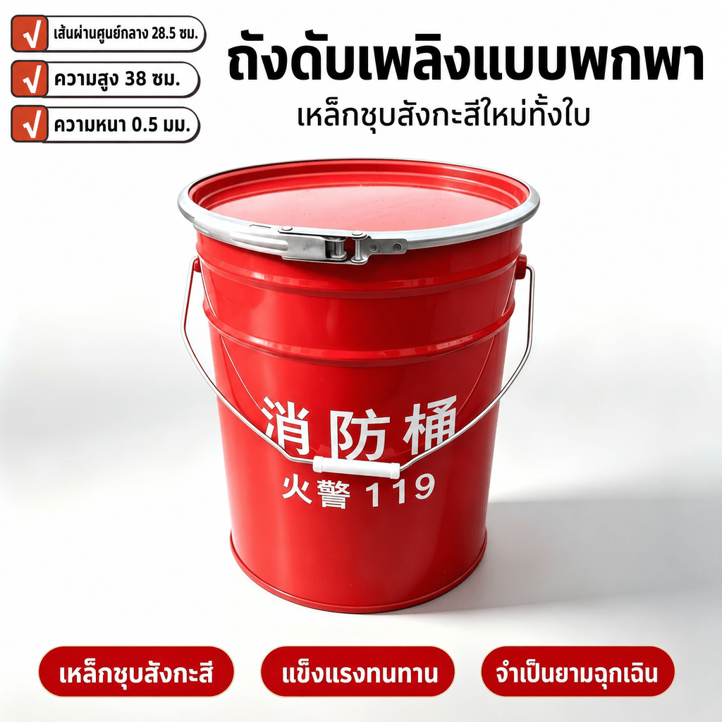 ถังดับเพลิงแบบพกพา 28.5×38 ซม. เหล็กชุบสังกะสี พร้อมฝาปิดและห่วงรัดฝา