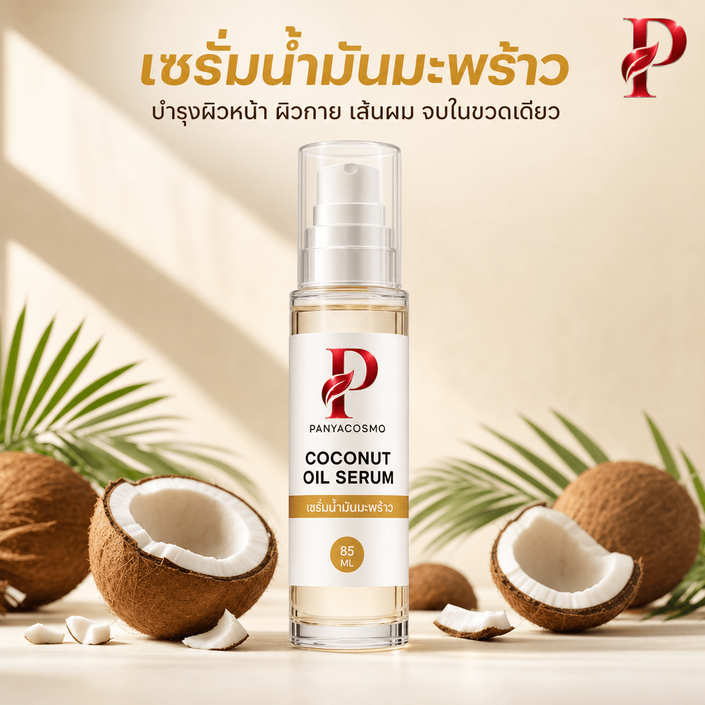 เนื้อเซรั่มน้ำมันมะพร้าว โคโคนัท ออยล์ เซรั่ม 3-in-1 ปัญญาคอสโม (Pcosmo-078) รับผลิต OEM