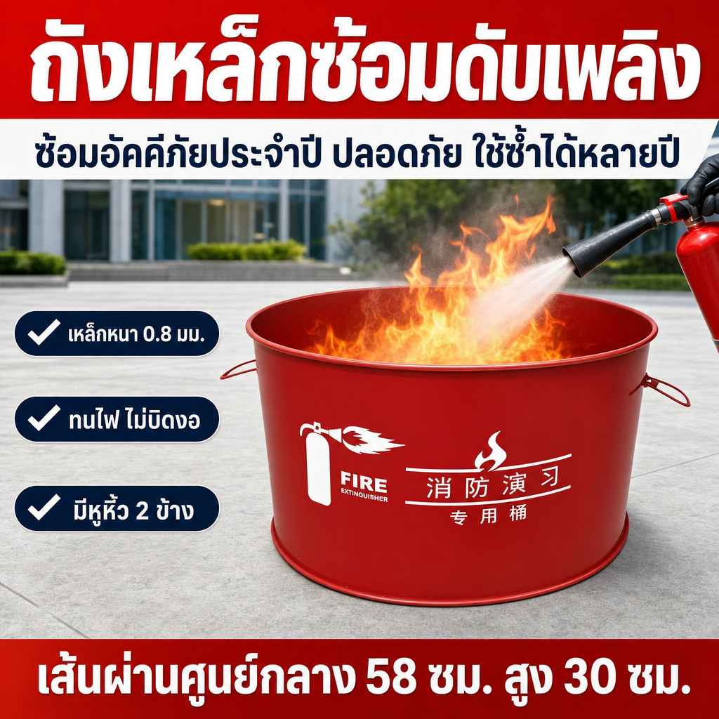 ถังเหล็กซ้อมดับเพลิง เหล็กหนา 0.8 มม. เส้นผ่านศูนย์กลาง 58 ซม. สูง 30 ซม.