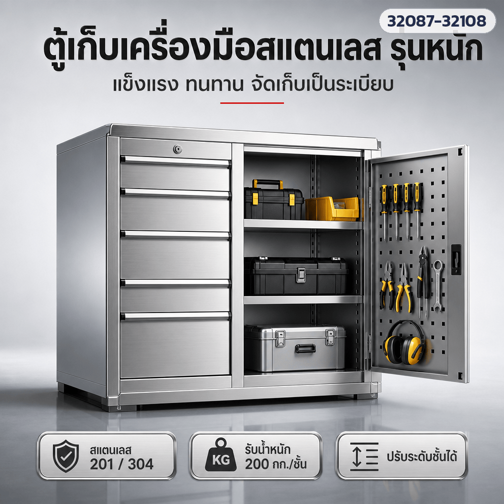 ตู้เก็บเครื่องมือสแตนเลส รุ่นหนัก 201/304 รับน้ำหนัก 200 กก./ชั้น มีทั้งตู้ตั้งพื้นและรถเข็น