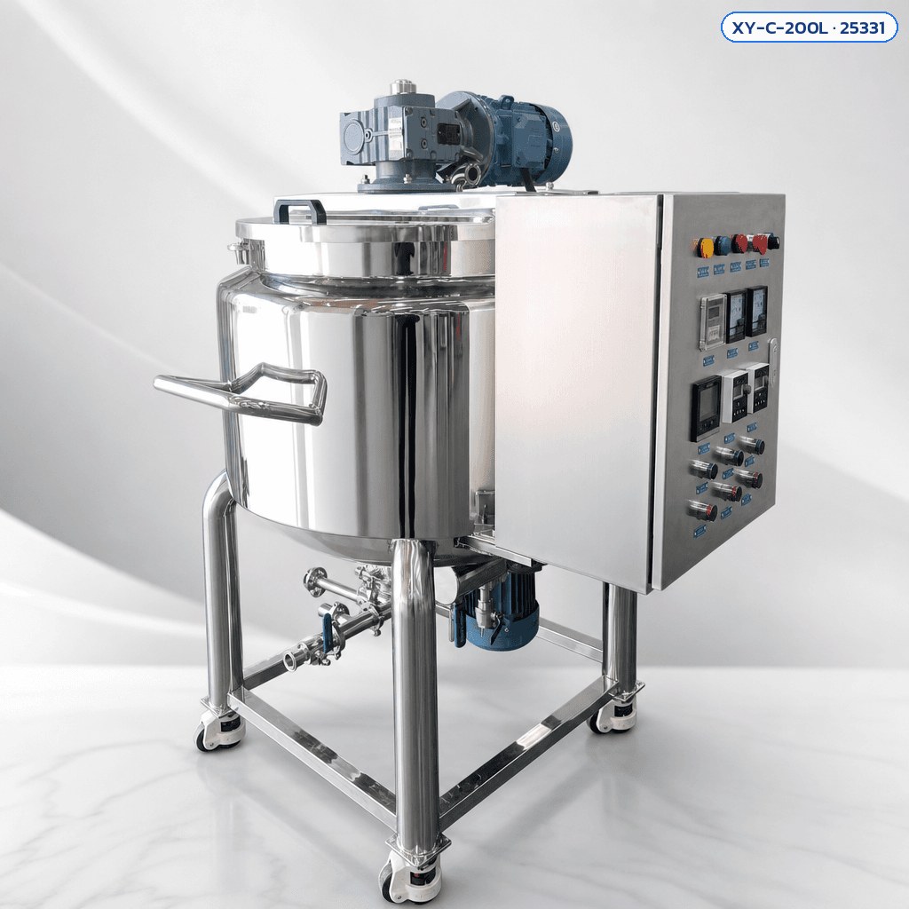 หม้อกวนผสม 200 ลิตร XY-C-200L สแตนเลส ตู้ควบคุมติดข้างถัง ล้อเลื่อน