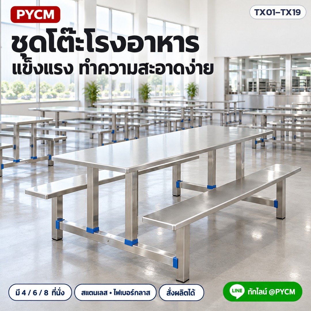 ชุดโต๊ะโรงอาหาร แข็งแรง ทำความสะอาดง่าย มี 4 / 6 / 8 ที่นั่ง