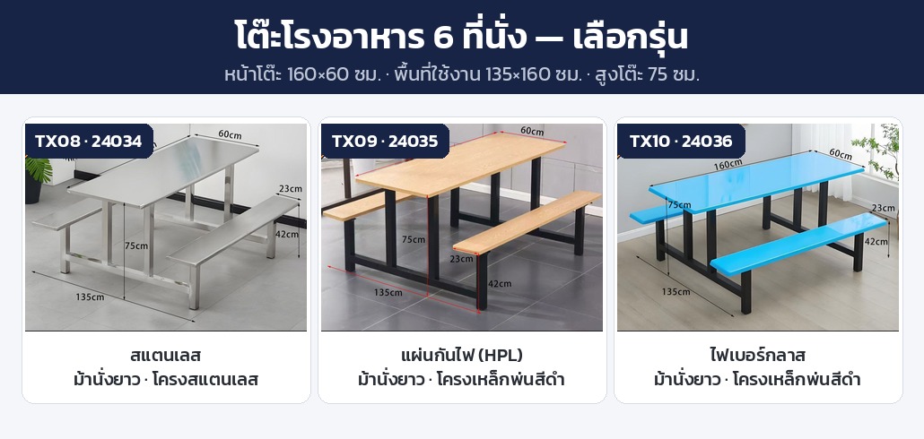 ชุดโต๊ะโรงอาหาร – เลือกรุ่น 6 ที่นั่ง TX08–TX10