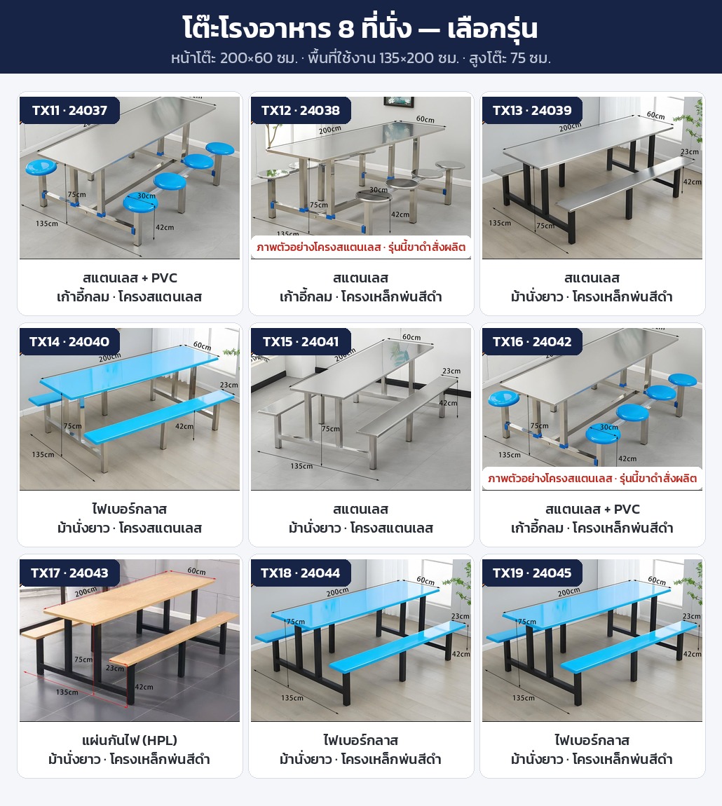 ชุดโต๊ะโรงอาหาร – เลือกรุ่น 8 ที่นั่ง TX11–TX19