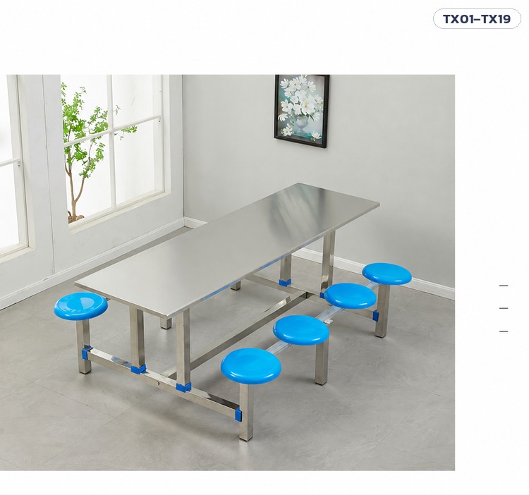 ชุดโต๊ะโรงอาหาร – ภาพจริง เก้าอี้กลมสีฟ้า
