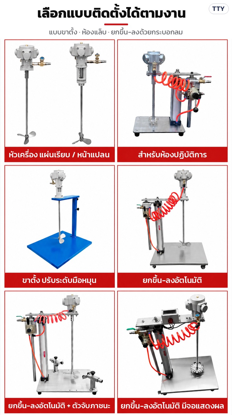 เครื่องกวนผสมแบบใช้ลม แบบติดตั้งให้เลือก: หัวเครื่อง ห้องแล็บ ขาตั้งมือหมุน และยกขึ้น-ลงอัตโนมัติ