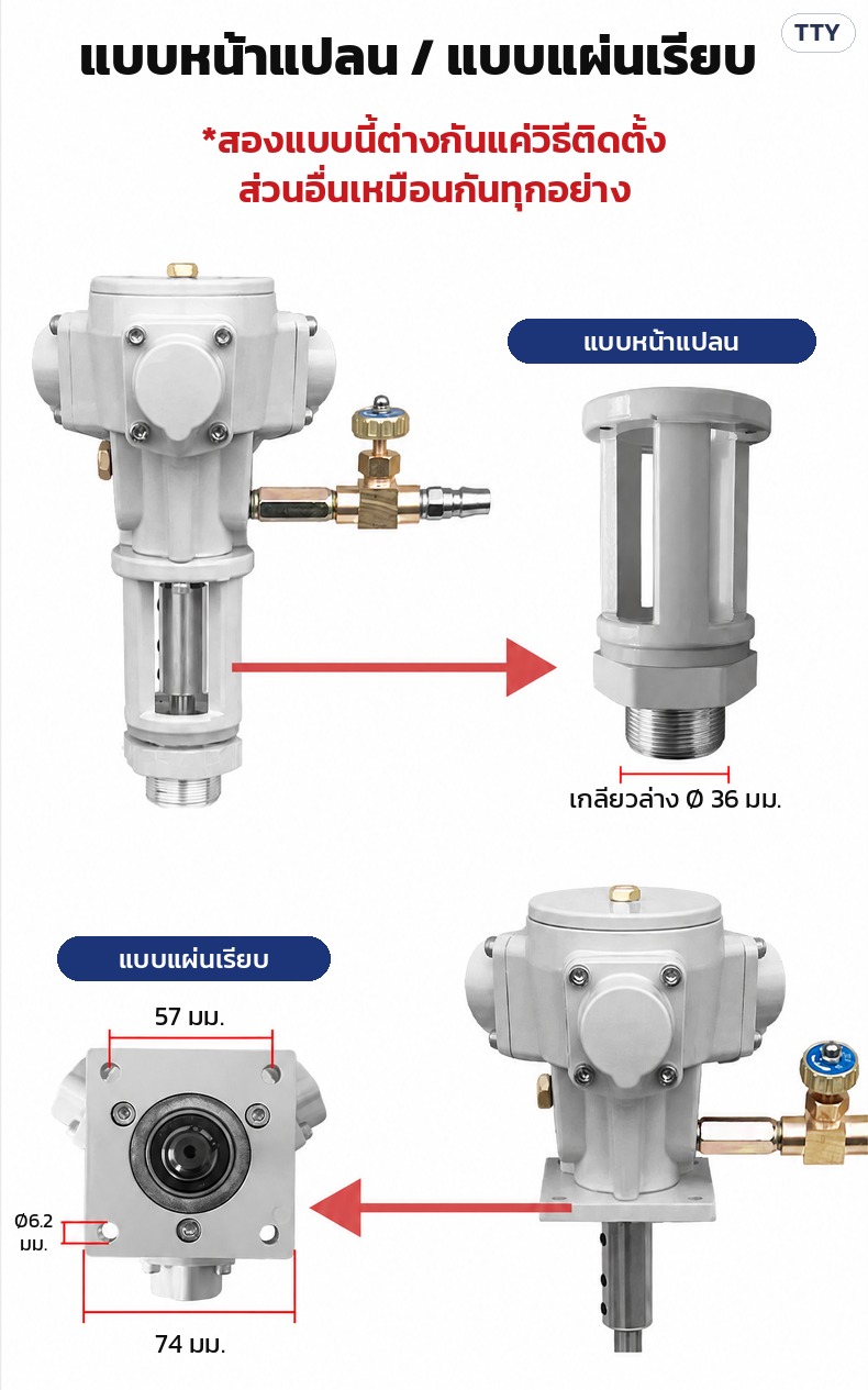 เครื่องกวนผสมแบบใช้ลม หัวเครื่องแบบหน้าแปลน / แบบแผ่นเรียบ ต่างกันแค่วิธีติดตั้ง