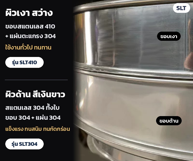 ตะแกรงร่อนรูยาว สแตนเลส SLT – เทียบวัสดุ: SLT410 ขอบสแตนเลส 410 ผิวเงา + แผ่น 304 ใช้งานทั่วไปทนทาน · SLT304 สแตนเลส 304 ทั้งใบ ผิวด้านสีเงินขาว ทนสนิม ทนกัดกร่อน