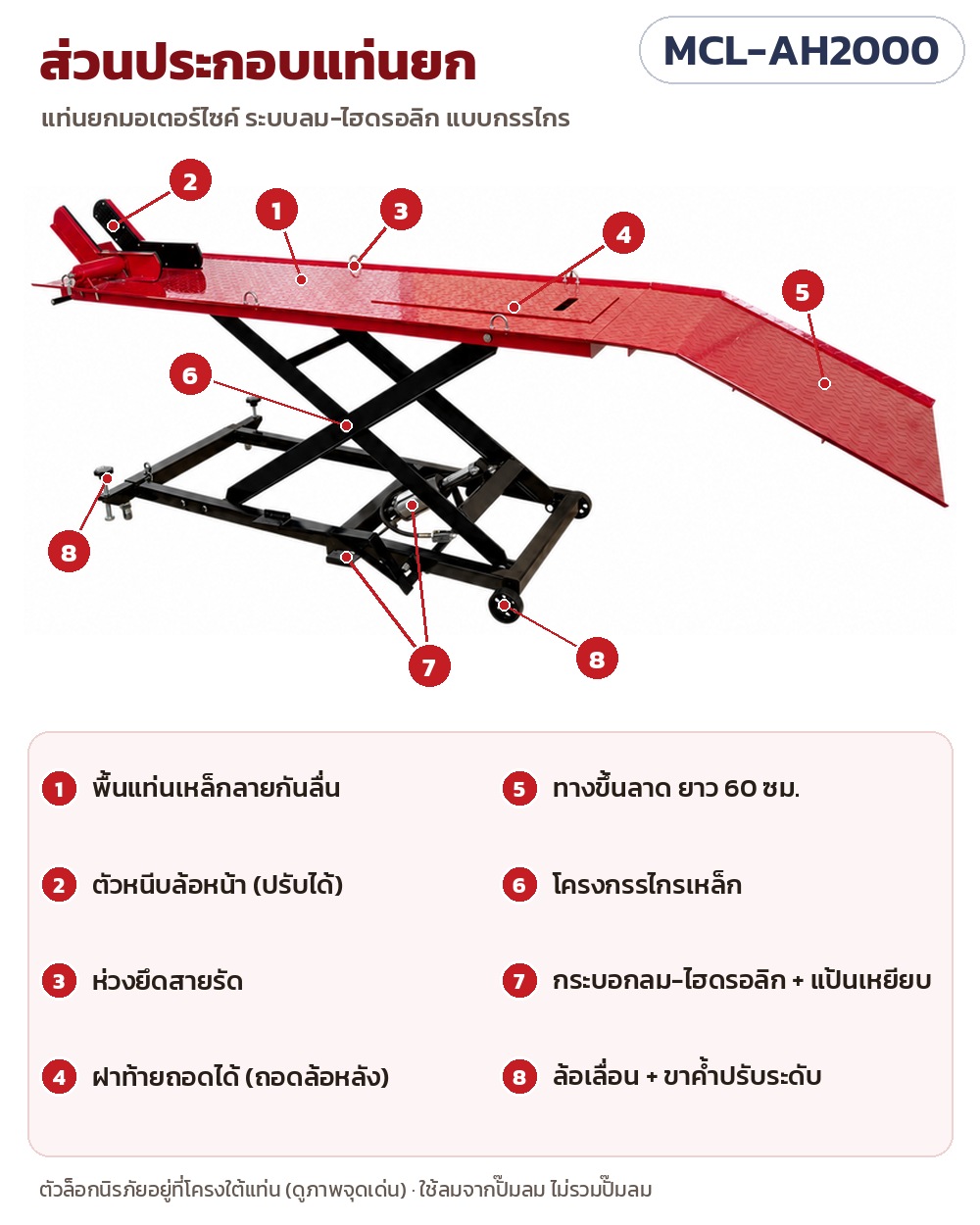 แท่นยกมอเตอร์ไซค์ ระบบลม-ไฮดรอลิก รุ่น MCL-AH2000 – ส่วนประกอบแท่นยก: พื้นแท่นเหล็กลายกันลื่น ตัวหนีบล้อหน้า ห่วงยึดสายรัด ฝาท้ายถอดได้ ทางขึ้นลาด โครงกรรไกรเหล็ก กระบอกลม-ไฮดรอลิก+แป้นเหยียบ ล้อเลื่อน+ขาค้ำ