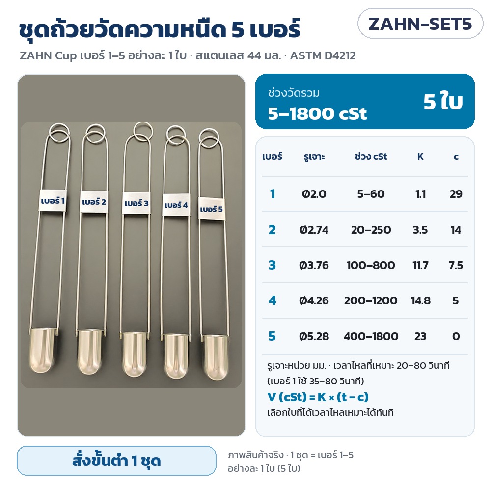 ถ้วยวัดความหนืด ZAHN Cup รหัส 35758 ZAHN-SET5 ชุดถ้วยวัดความหนืดแบบจุ่ม ZAHN Cup ครบ 5 เบอร์ (เบอร์ 1–5 อย่างละ 1 ใบ) ช่วงวัดรวม 5–1800 cSt พร้อมตารางรูเจาะ K c · สั่งขั้นต่ำ 1 ชุด