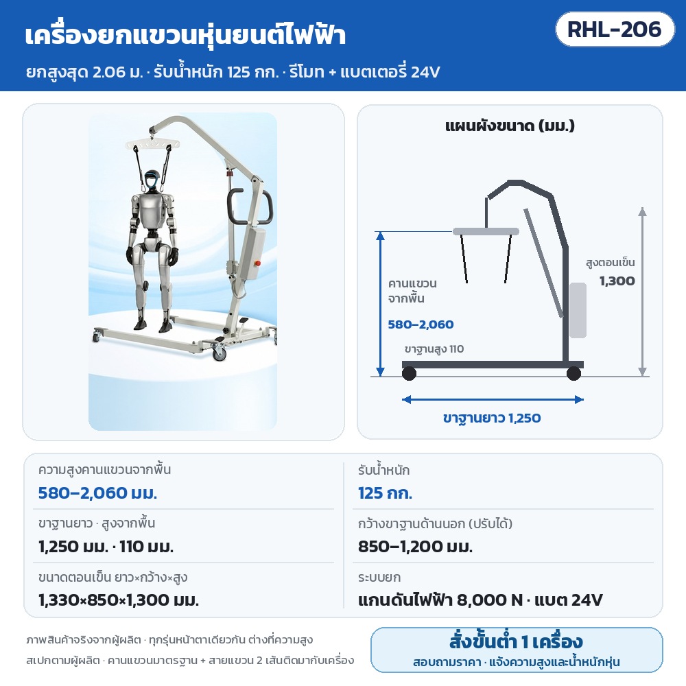 เครื่องยกแขวนหุ่นยนต์ฮิวแมนนอยด์ไฟฟ้า Robot Lift ความสูงแขวน 1.8 / 2.06 / 2.4 ม. รับ 100–150 กก. รีโมท แบตเตอรี่ คานหมุน 360° (RHL)