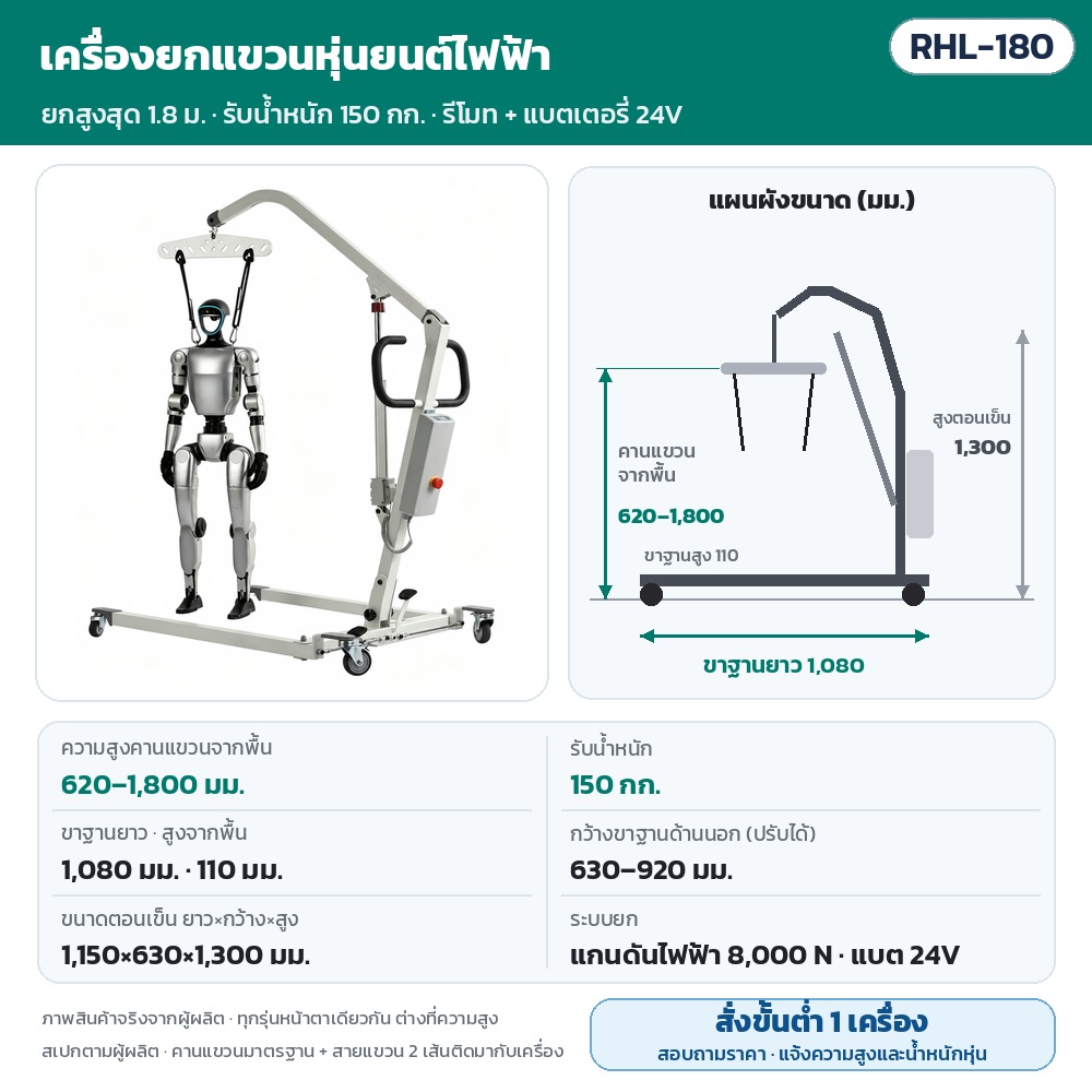 เครื่องยกแขวนหุ่นยนต์ไฟฟ้า RHL รหัส 35915 RHL-180 เครื่องยกแขวนหุ่นยนต์ฮิวแมนนอยด์ไฟฟ้า คานแขวนจากพื้น 620–1,800 มม. รับน้ำหนัก 150 กก. ขาฐานยาว 1,080 มม. กว้างขาฐานด้านนอก 630–920 มม.…