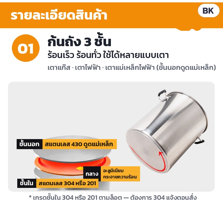 ถังต้มเบียร์/ถังหมักสแตนเลส ก้นหนา 3 ชั้น ซีรีส์ BK – ก้นถัง 3 ชั้น: ชั้นนอกสแตนเลส 430 ดูดแม่เหล็ก · ชั้นกลางอะลูมิเนียมกระจายความร้อน · ชั้นในสแตนเลส 304 หรือ 201 ตามล็อต (ต้องการ 304…