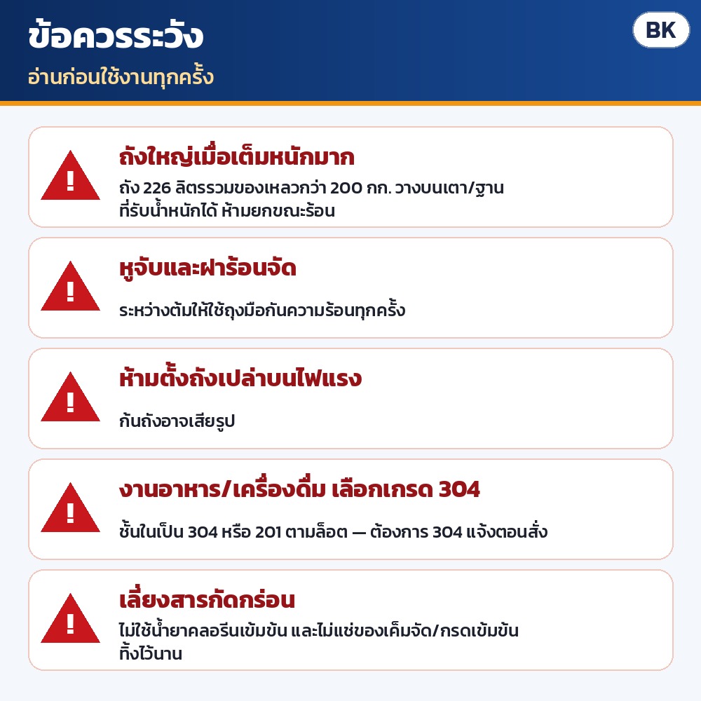 ถังต้มเบียร์/ถังหมักสแตนเลส ก้นหนา 3 ชั้น ซีรีส์ BK – ข้อควรระวัง: ถังใหญ่เมื่อเต็มหนักมาก ห้ามยกขณะร้อน · หูจับและฝาร้อนจัด ใช้ถุงมือ · ห้ามตั้งถังเปล่าบนไฟแรง ·…