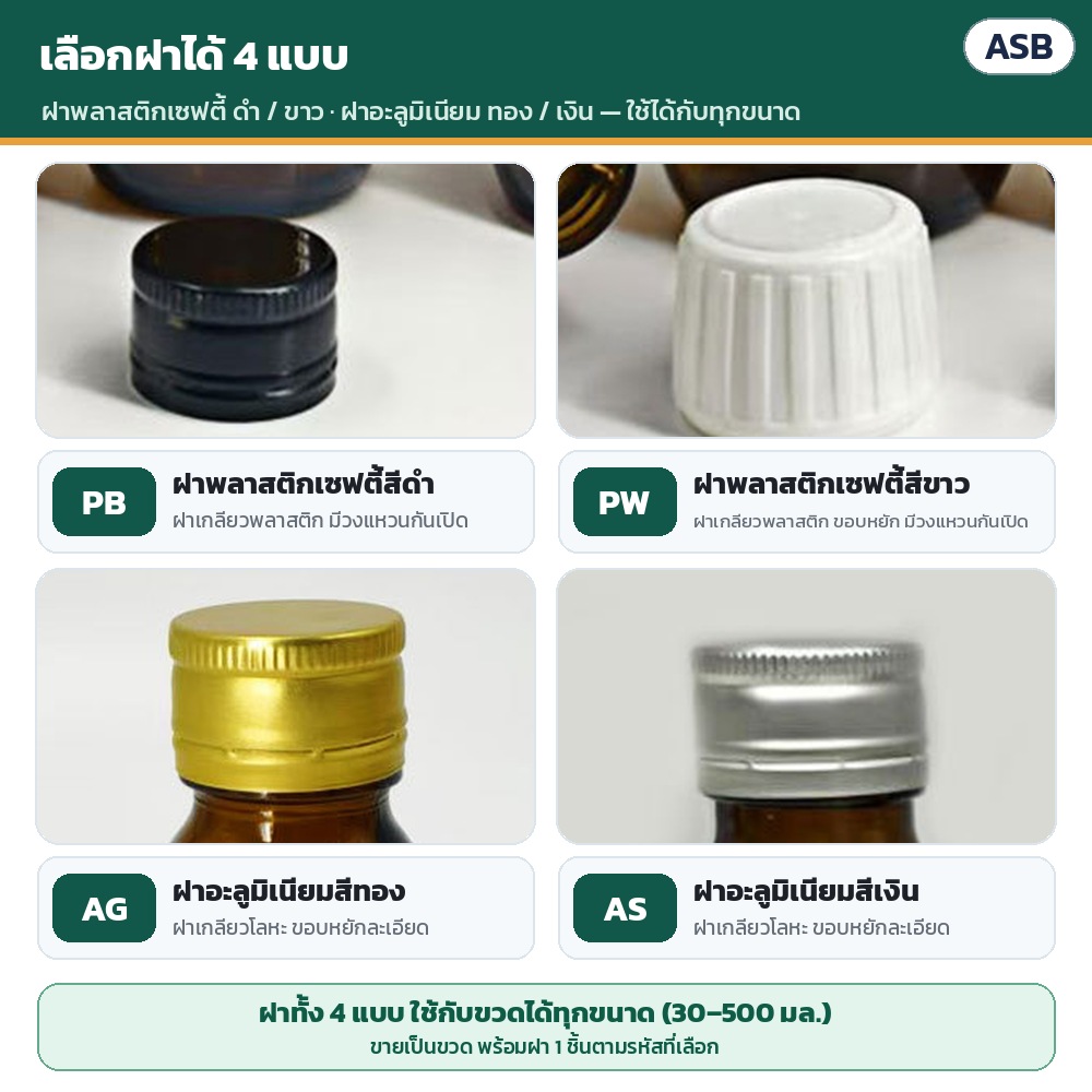 ขวดยาน้ำแก้วสีชา ฝาเกลียว ASB – ฝา 4 แบบ ใช้ได้กับทุกขนาด: PB ฝาพลาสติกเซฟตี้สีดำ · PW ฝาพลาสติกเซฟตี้สีขาว (มีวงแหวนกันเปิด) · AG ฝาอะลูมิเนียมสีทอง · AS ฝาอะลูมิเนียมสีเงิน ·…