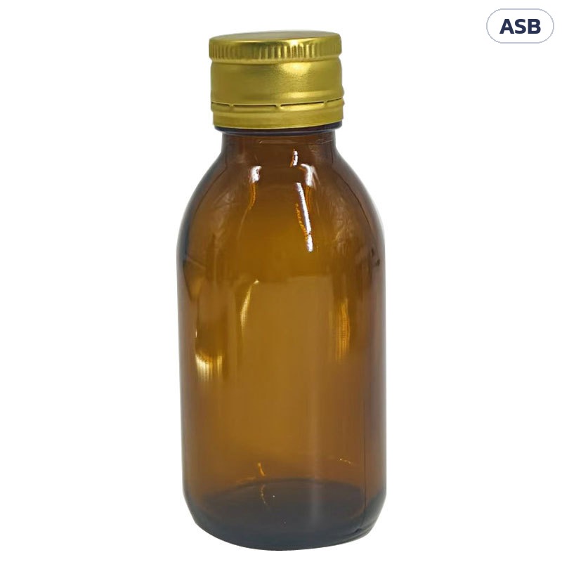 ขวดยาน้ำแก้วสีชา ฝาเกลียว ASB – ขวดยาน้ำแก้วสีชาฝาอะลูมิเนียมสีทอง ระยะใกล้ เห็นทรงไหล่มนและคอขวดสั้น