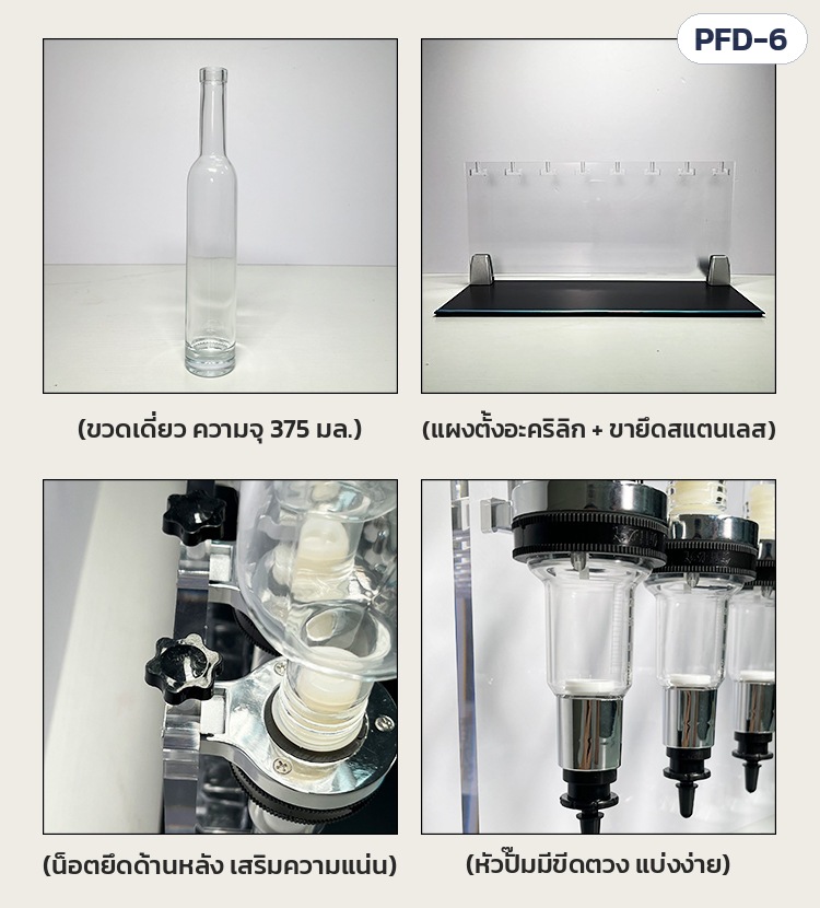ชั้นปั๊มแบ่งน้ำหอม 6 หัว PFD-6 – ส่วนประกอบ: ขวดเดี่ยว 375 มล. · แผงตั้งอะคริลิก + ขายึดสแตนเลส · น็อตยึดด้านหลัง · หัวปั๊มมีขีดตวง