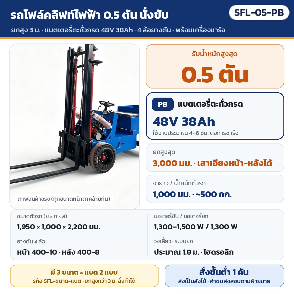 รถโฟล์คลิฟท์ไฟฟ้า นั่งขับ SFL รหัส 36073 SFL-05-PB รถโฟล์คลิฟท์ไฟฟ้า 4 ล้อ แบบนั่งขับ รับน้ำหนัก 0.5 ตัน ยกสูง 3,000 มม. แบตเตอรี่ตะกั่วกรด 48V 38Ah ใช้งานประมาณ 4–6 ชม./ชาร์จ ·…