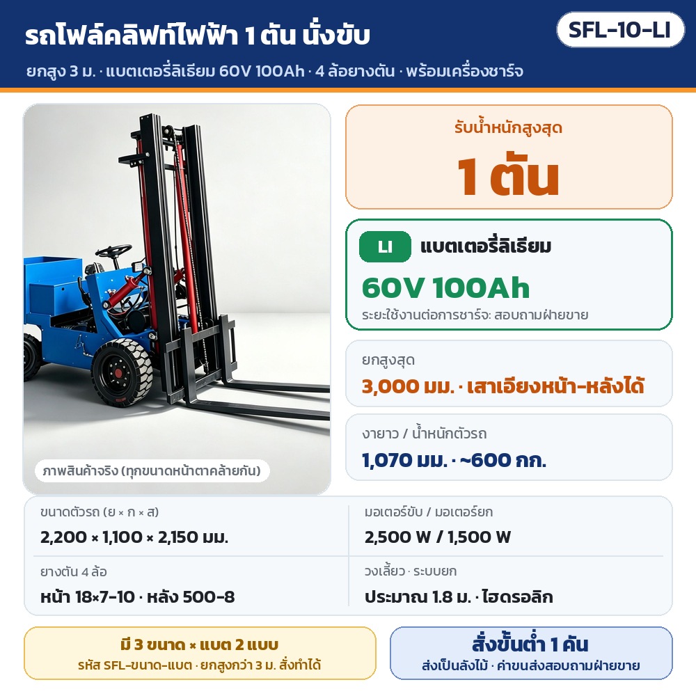 รถโฟล์คลิฟท์ไฟฟ้า นั่งขับ SFL รหัส 36078 SFL-10-LI รถโฟล์คลิฟท์ไฟฟ้า 4 ล้อ แบบนั่งขับ รับน้ำหนัก 1 ตัน ยกสูง 3,000 มม. แบตเตอรี่ลิเธียม 60V 100Ah · พร้อมเครื่องชาร์จ · สั่งขั้นต่ำ 1 คัน