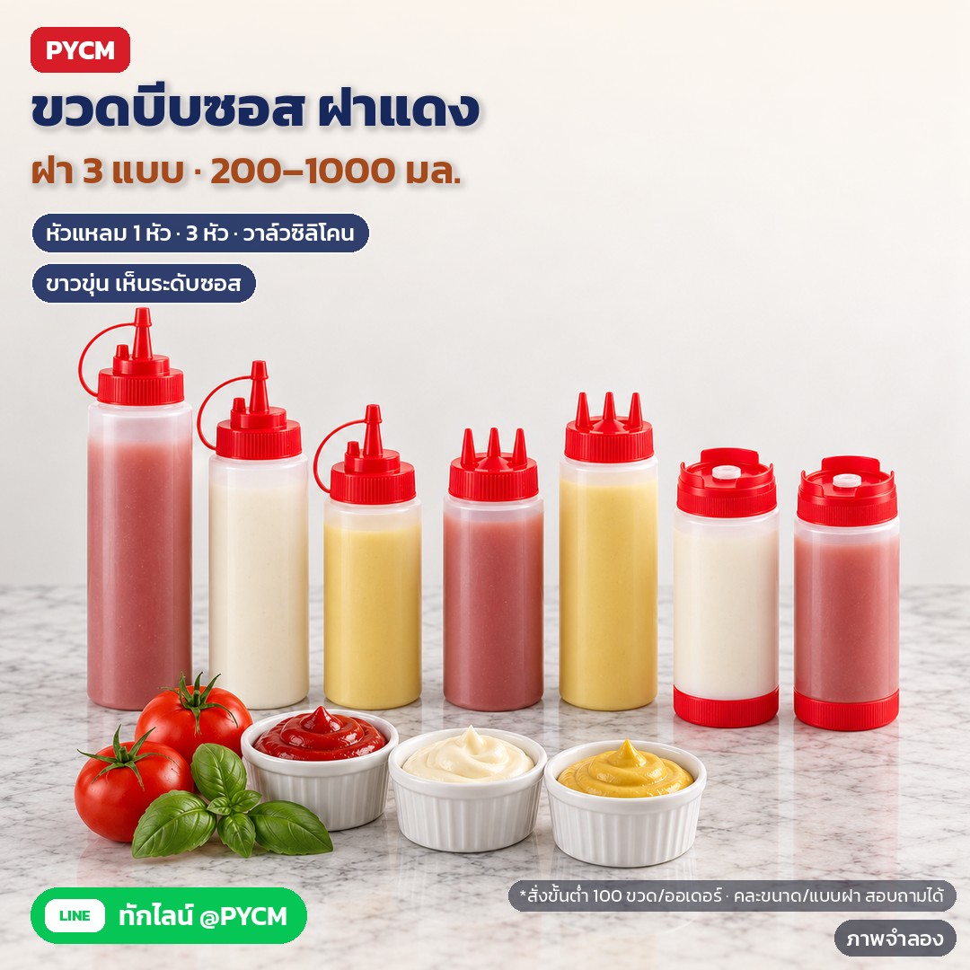 ขวดบีบซอสพลาสติก ฝาแดง หัวแหลม 1 หัว / 3 หัว / วาล์วซิลิโคน 200–1000 มล. (SQZ)