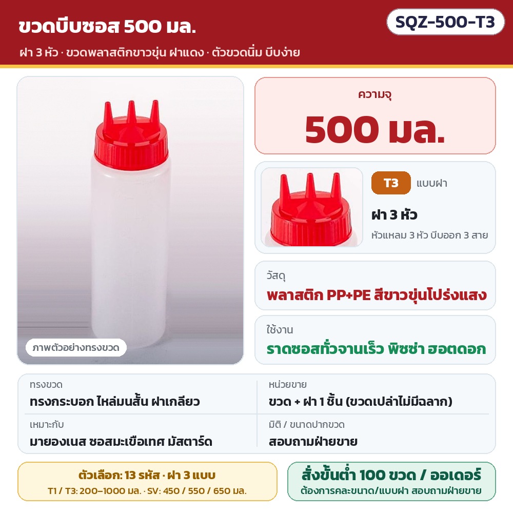 ขวดบีบซอส ฝาแดง SQZ รหัส 36086 SQZ-500-Tสามขวดบีบซอสพลาสติกขาวขุ่น ขนาด 500 มล. ฝา 3 หัว บีบออก 3 สายพร้อมกัน · วัสดุ PP+PE ตัวขวดนิ่ม บีบง่าย · ขวดพร้อมฝา 1 ชิ้น (ไม่มีฉลาก) ·…