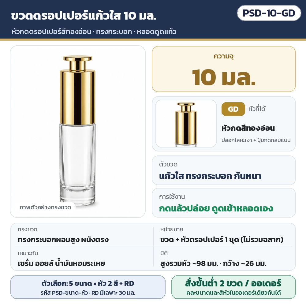 ขวดดรอปเปอร์หัวกด แก้วใส PSD รหัส 36097 PSD-10-GD ขวดดรอปเปอร์แก้วใส ทรงกระบอก ขนาด 10 มล. พร้อมหัวกดดรอปเปอร์สีทองอ่อน (กดแล้วปล่อย ดูดเข้าหลอดเอง) · หลอดดูดแก้ว · ขวด + หัว 1 ชุด…