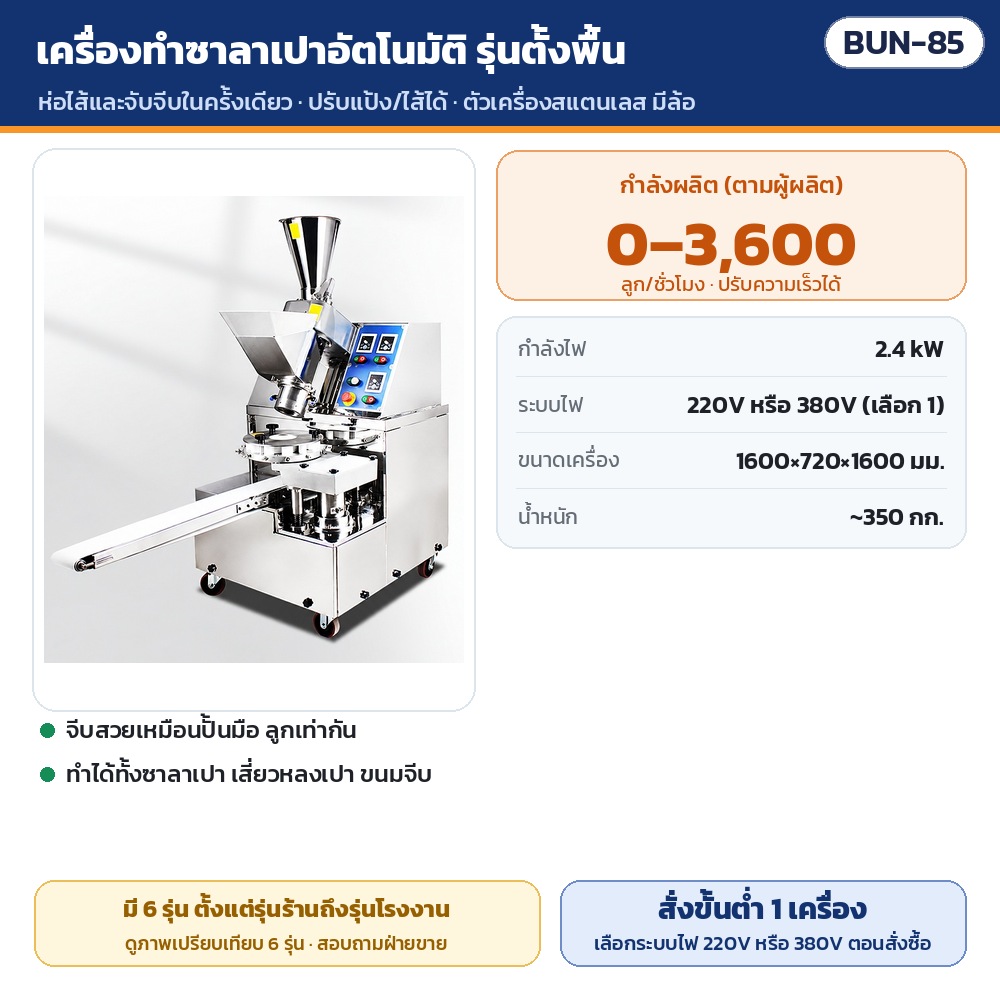 เครื่องทำซาลาเปาอัตโนมัติ BUN รหัส 36118 BUN-85 เครื่องทำซาลาเปาอัตโนมัติ รุ่นตั้งพื้น · กำลังผลิต 0–3,600 ลูก/ชั่วโมง · 2.4 kW · ไฟ 220V หรือ 380V · น้ำหนัก ~350 กก. · สั่งซื้อขั้นต่ำ 1…