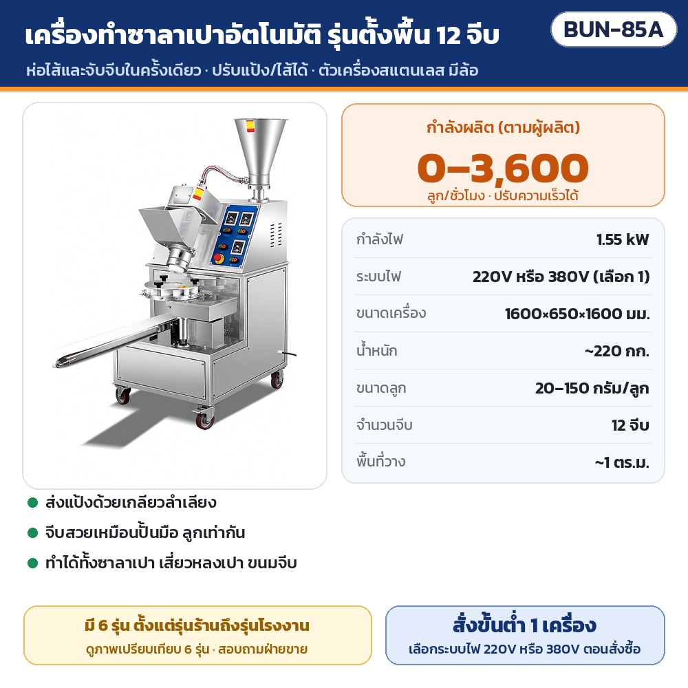 เครื่องทำซาลาเปาอัตโนมัติ BUN รหัส 36119 BUN-85A เครื่องทำซาลาเปาอัตโนมัติ รุ่นตั้งพื้น 12 จีบ · กำลังผลิต 0–3,600 ลูก/ชั่วโมง · 1.55 kW · ไฟ 220V หรือ 380V · น้ำหนัก ~220 กก. ·…