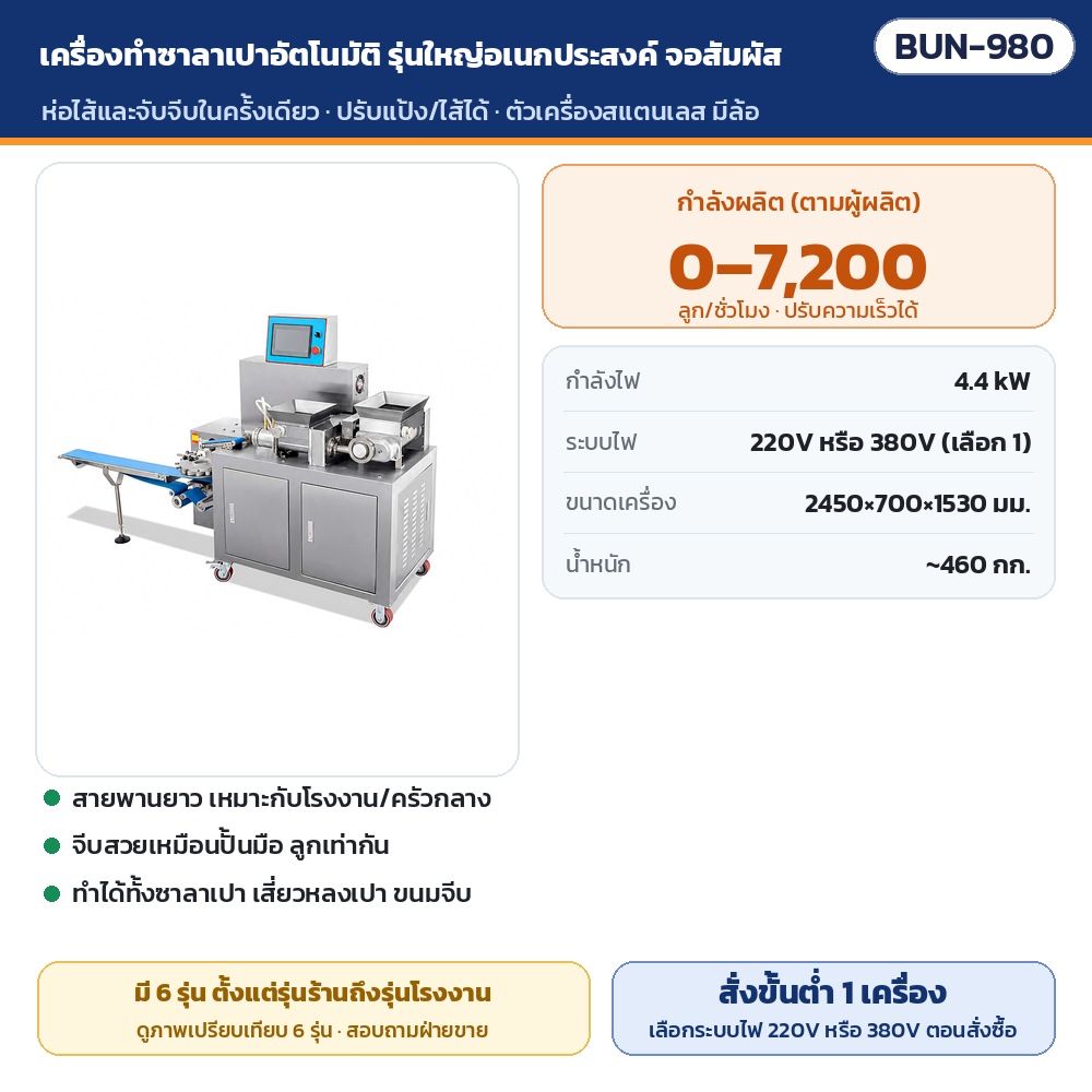 เครื่องทำซาลาเปาอัตโนมัติ BUN รหัส 36120 BUN-980 เครื่องทำซาลาเปาอัตโนมัติ รุ่นใหญ่อเนกประสงค์ จอสัมผัส · กำลังผลิต 0–7,200 ลูก/ชั่วโมง · 4.4 kW · ไฟ 220V หรือ 380V · น้ำหนัก ~460 กก. ·…