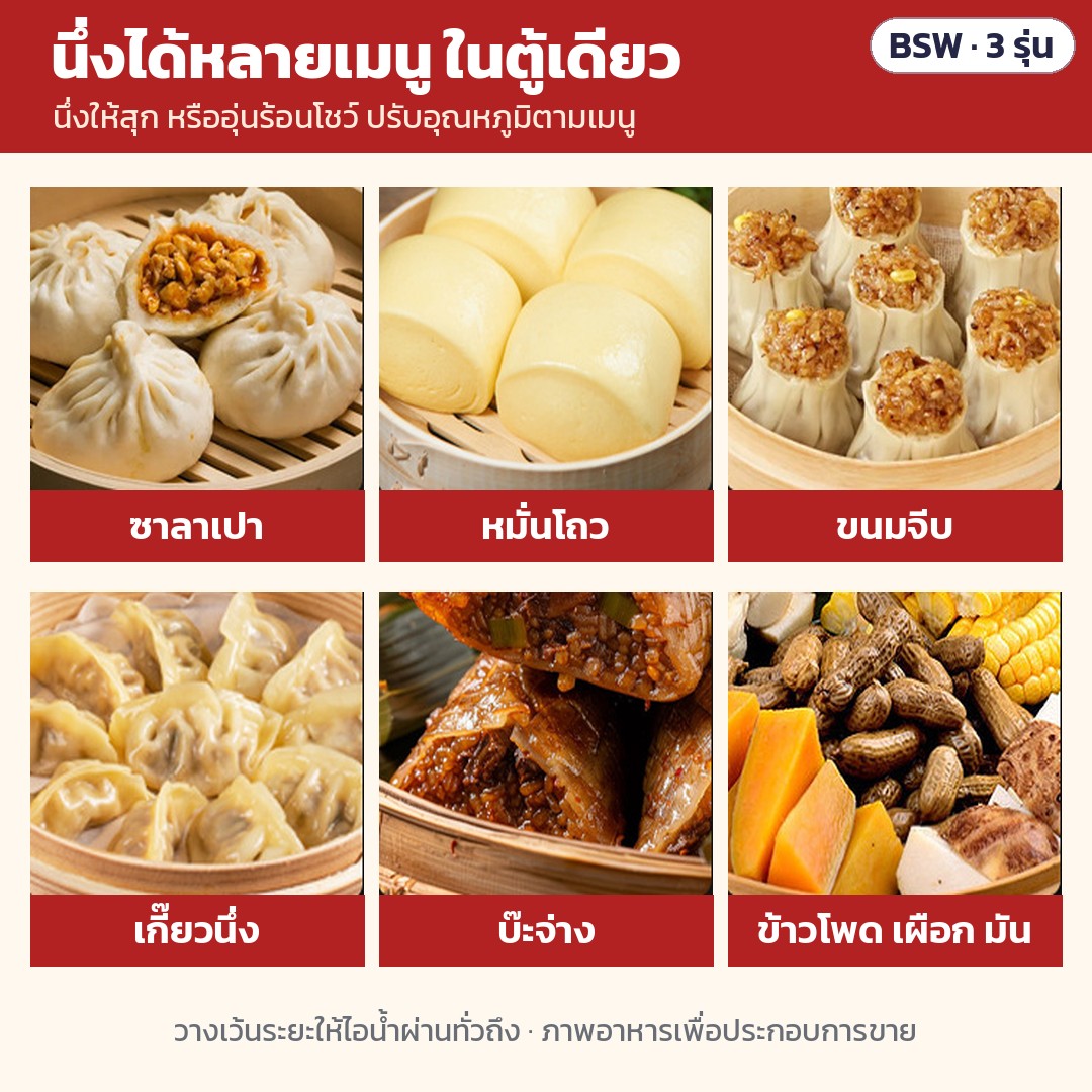 ตู้นึ่งโชว์ซาลาเปา 5 ชั้น BSW – นึ่งได้หลายเมนู: ซาลาเปา · หมั่นโถว · ขนมจีบ · เกี๊ยวนึ่ง · บ๊ะจ่าง · ข้าวโพด เผือก มัน — นึ่งให้สุกหรืออุ่นร้อนโชว์