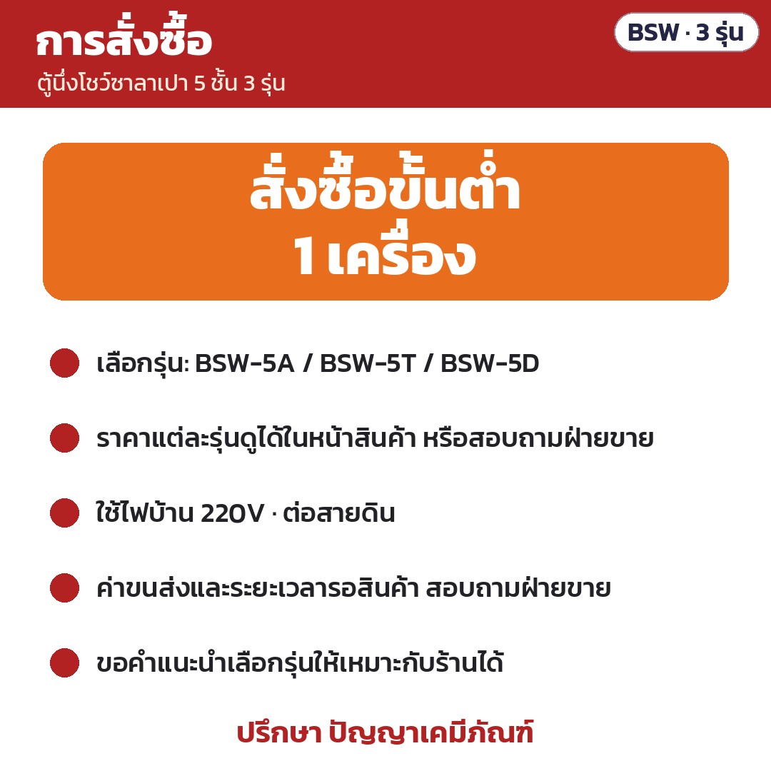 ตู้นึ่งโชว์ซาลาเปา 5 ชั้น BSW – การสั่งซื้อ: สั่งซื้อขั้นต่ำ 1 เครื่อง · เลือกรุ่น BSW-5A / BSW-5T / BSW-5D · ราคาดูในหน้าสินค้าหรือสอบถามฝ่ายขาย · ค่าขนส่งสอบถามฝ่ายขาย
