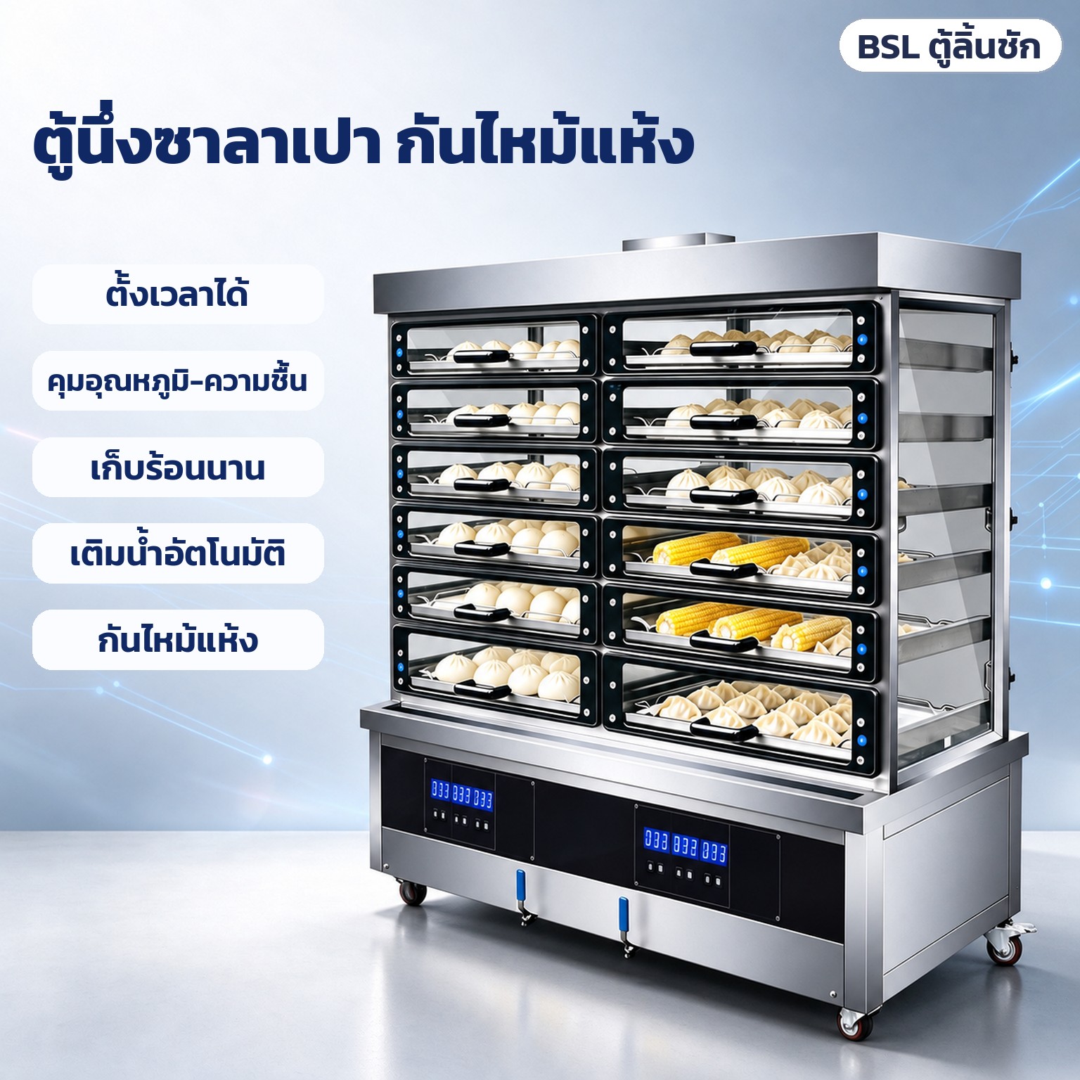 ตู้นึ่งซาลาเปาขนาดใหญ่ BSL – ตู้นึ่งซาลาเปากันไหม้แห้ง: ตั้งเวลา · คุมอุณหภูมิ-ความชื้น · เก็บร้อนนาน · เติมน้ำอัตโนมัติ · กันไหม้แห้ง