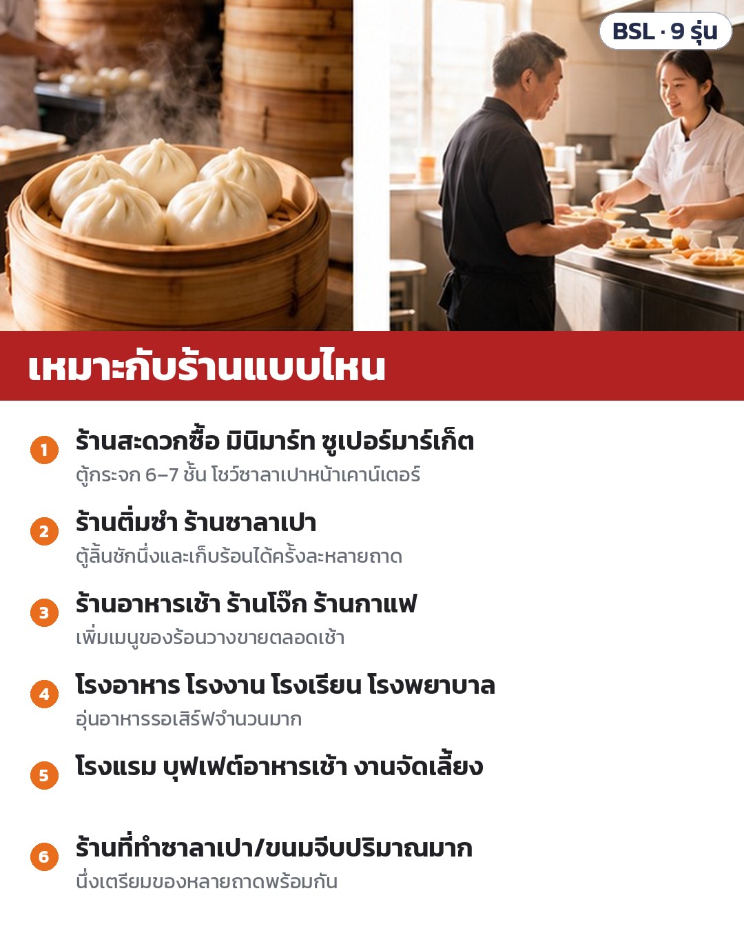 ตู้นึ่งซาลาเปาขนาดใหญ่ BSL – เหมาะกับ: ร้านสะดวกซื้อ/ซูเปอร์มาร์เก็ต · ร้านติ่มซำ ร้านซาลาเปา · ร้านอาหารเช้า ร้านกาแฟ · โรงอาหาร โรงงาน โรงเรียน · โรงแรม บุฟเฟต์ ·…