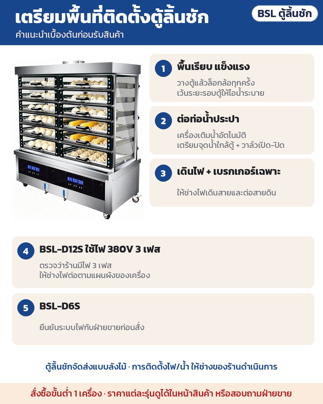 ตู้นึ่งซาลาเปาขนาดใหญ่ BSL – เตรียมติดตั้งตู้ลิ้นชัก (คำแนะนำ): พื้นเรียบ ล็อกล้อ · ต่อท่อน้ำประปา · เดินไฟ + เบรกเกอร์เฉพาะ ต่อสายดิน · BSL-D12S ใช้ไฟ 380V 3 เฟส ให้ช่างไฟต่อ · BSL-D6S…